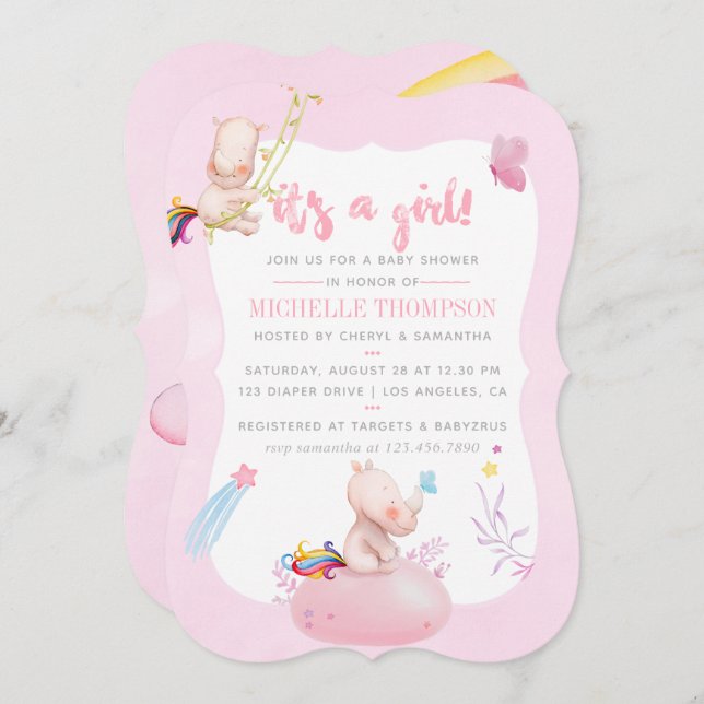 Invitación Cuidada acuarela Rinoceronte Unicornio Bebé Ducha (Anverso / Reverso)