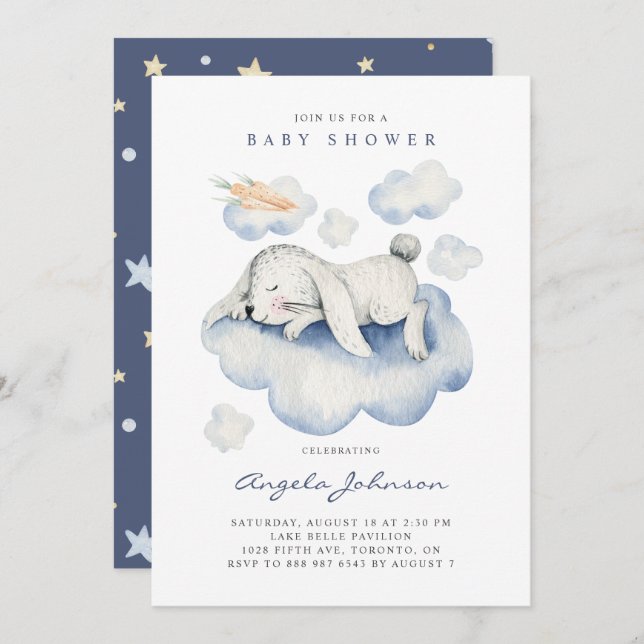 Invitación Cuidada acuarela Sleeping Baby Rabbit Baby Shower (Anverso / Reverso)