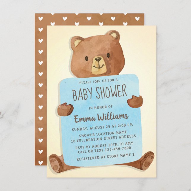 Invitación Cuidada acuarela Teddy Bear | Boy Baby Shower (Anverso / Reverso)