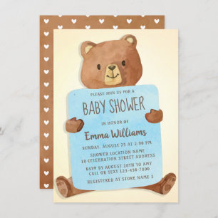 Invitación Cuidada acuarela Teddy Bear   Boy Baby Shower