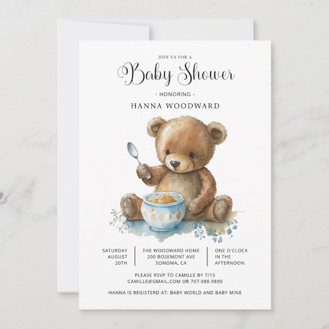 Invitación Cuidada acuarela Teddy Bear Porridge Baby Shower (Anverso)