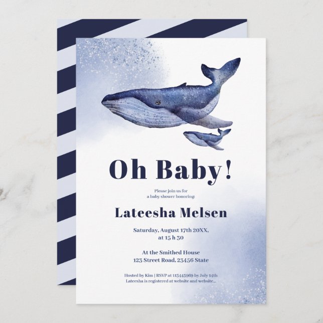 Invitación Cuidada acuática azul ballena acuática ducha bebé (Anverso / Reverso)
