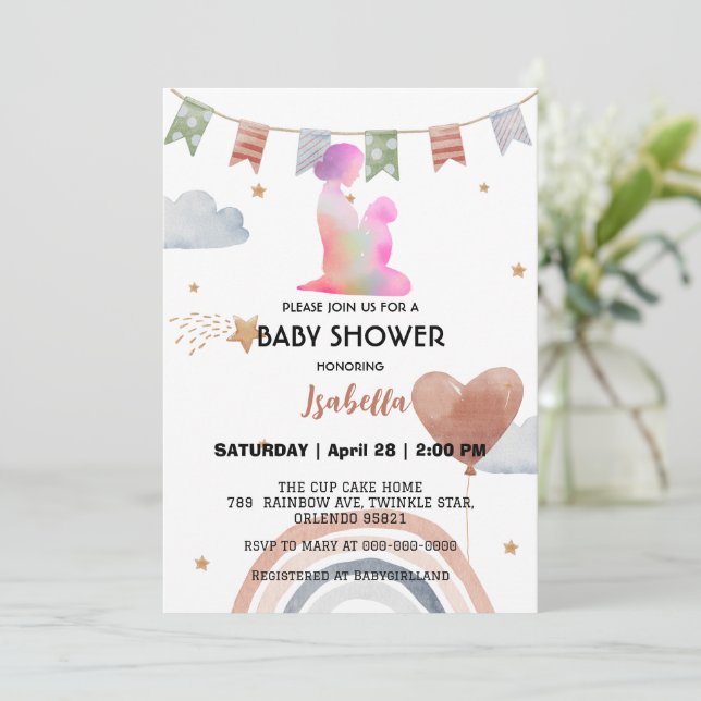 Invitación Cuidada afro MOM estrella de arco iris globo de be (Anverso de pie)