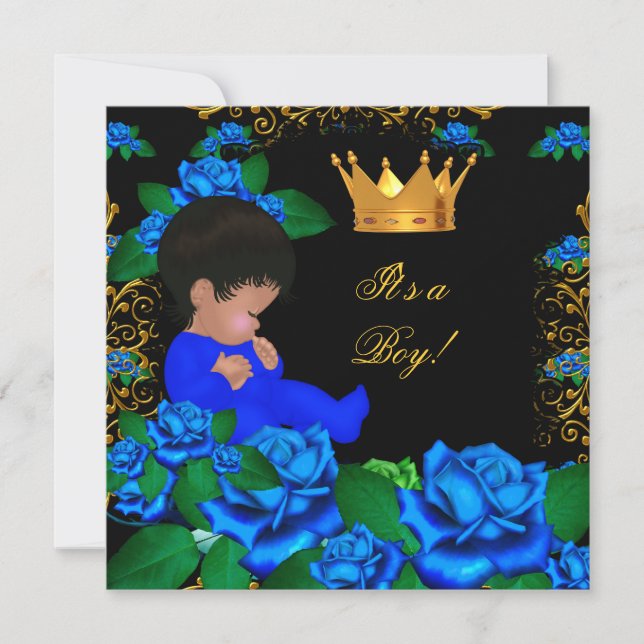 Invitación Cuidada Baby Shower Blue Gold Boy Prince Crown 8 (Anverso)