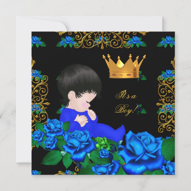 Invitación Cuidada Baby Shower Blue Gold Boy Prince Crown 9 (Anverso)