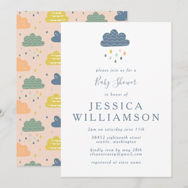 Invitación Cuidada Blue Peach Raindrop Boy Baby Shower (Anverso / Reverso)
