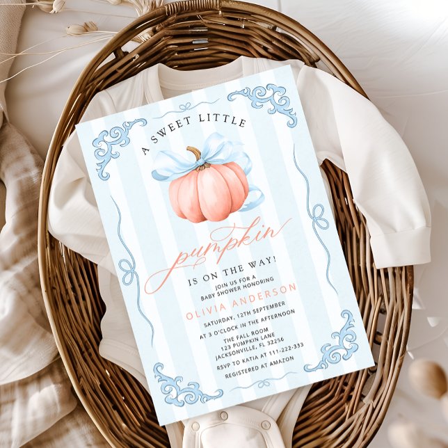 Invitación Cuidada calabaza Cae Azul Bow Baby Shower (Subido por el creador)