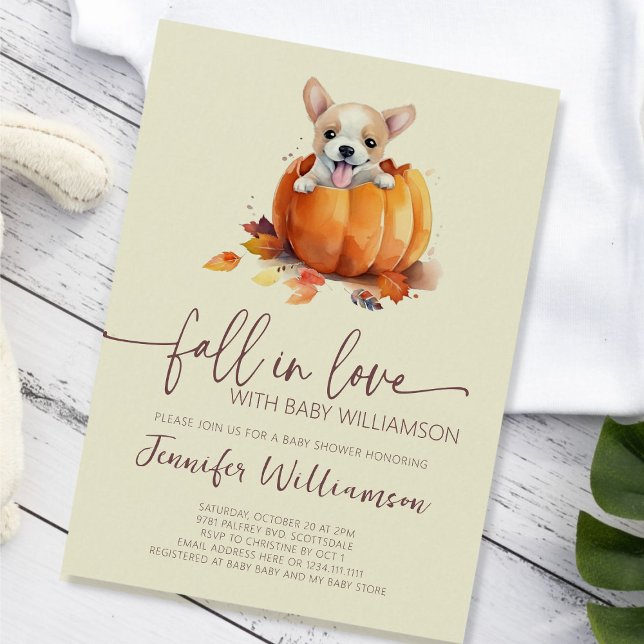 Invitación Cuidada calabaza cae en el amor Baby Shower (Cute Little Pumpkin Puppy Fall in Love Baby Shower Invitation)