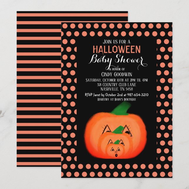 Invitación Cuidada calabaza de Halloween Naranja negro Baby S (Anverso / Reverso)