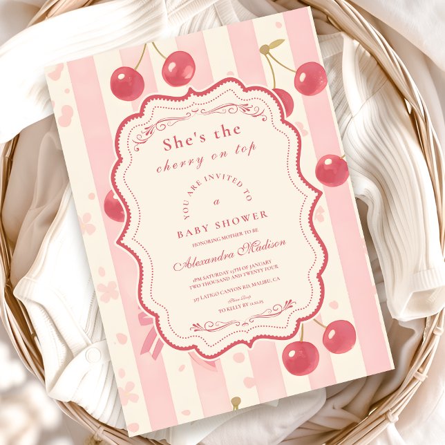 Invitación Cuidada cereza de Coquette en Baby Shower superior (Subido por el creador)