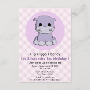 Invitación Cuidada chica hippo chica púrpura fiesta de cumple