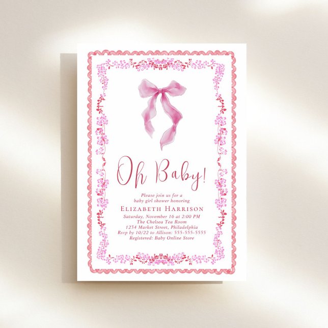 Invitación Cuidada Coquette Bow Watercolor Bebé Chica Ducha (Subido por el creador)