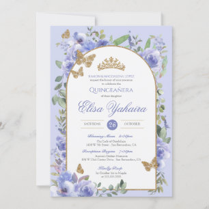 Invitación Cuidada de mariposa dorada de color azul perinchab