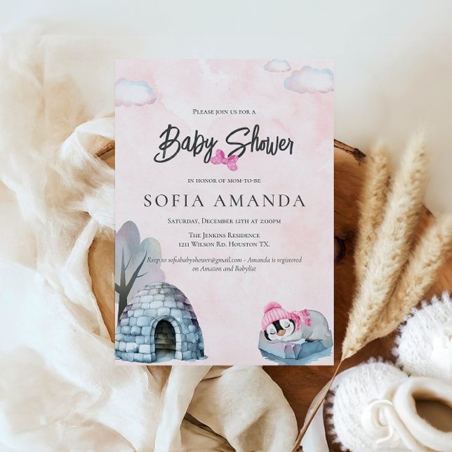 Invitación Cuidada de pingüino acuático Baby Shower rosa (Subido por el creador)