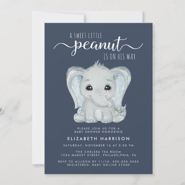Invitación Cuidada Elefante Watercolor Bebé Ducha (Anverso)