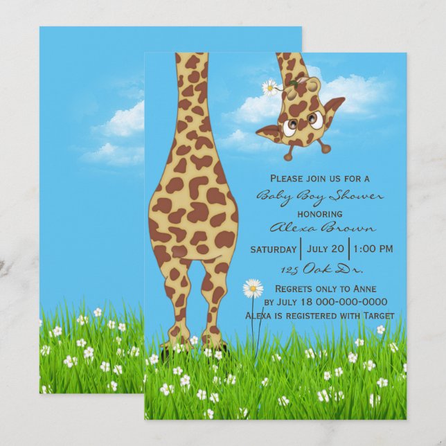 Invitación Cuidada Giraffe Baby Boy Shower (Anverso / Reverso)