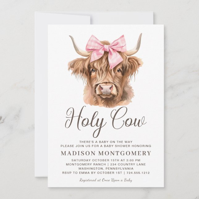 Invitación Cuidada Highland Cow Coquette Rosa Bow Baby Shower (Anverso)