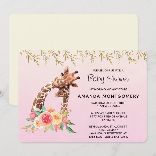 Invitación Cuidada jirafa acuarela mamá y bebé Baby Shower (Anverso / Reverso)