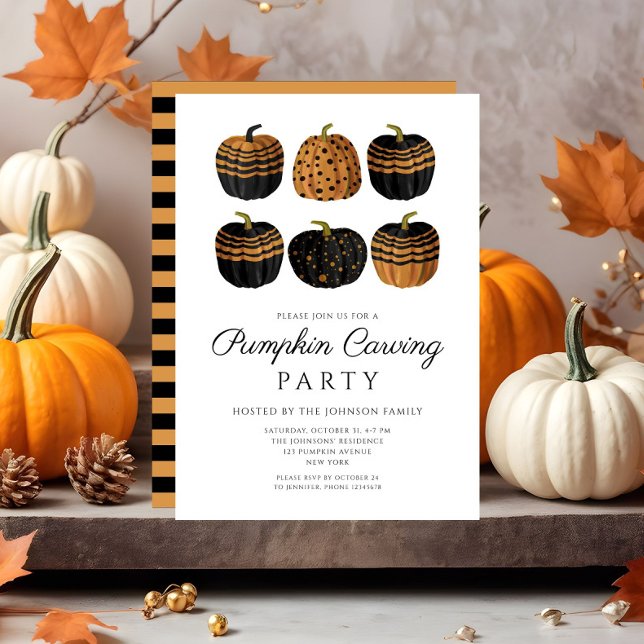 Invitación Cuidada Naranja Calabaza Negra tallando Halloween (Cute Orange Black Pumpkin Carving Halloween Invitation)