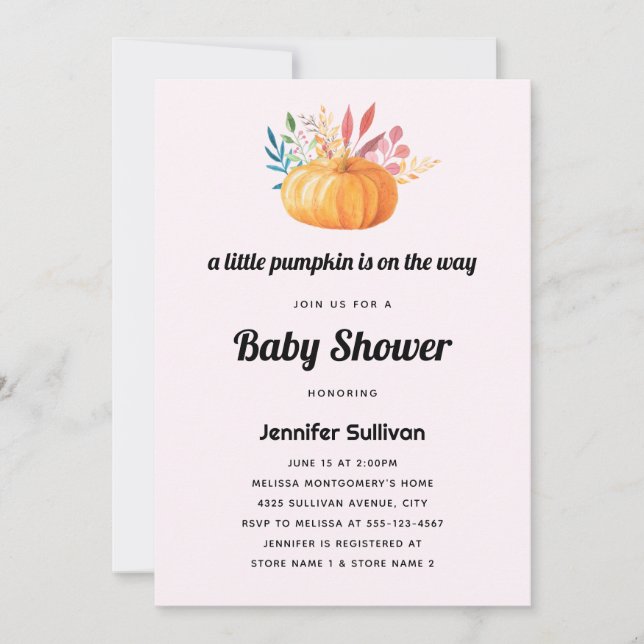 Invitación Cuidada Naranja Watercolor Pumpkin Baby Shower (Anverso)