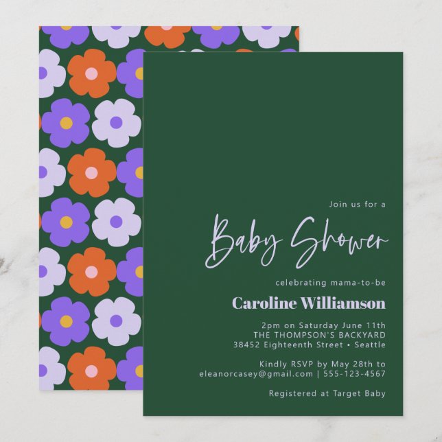 Invitación Cuidada negrita Flor Retro Morado Verde Baby Showe (Anverso / Reverso)