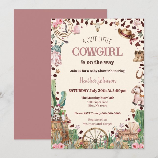 Invitación Cuidada niña de vaca occidental Watercolor Baby Sh (Anverso / Reverso)