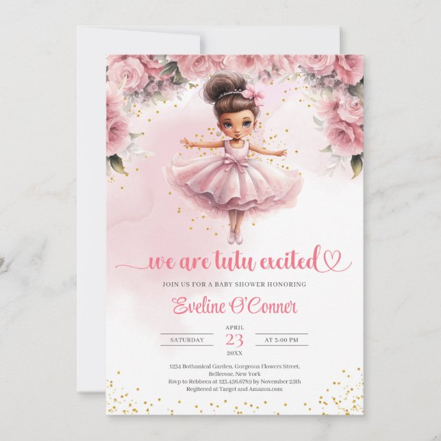 Invitación Cuidada niñita tutu bailarina vestido Baby Shower (Anverso)