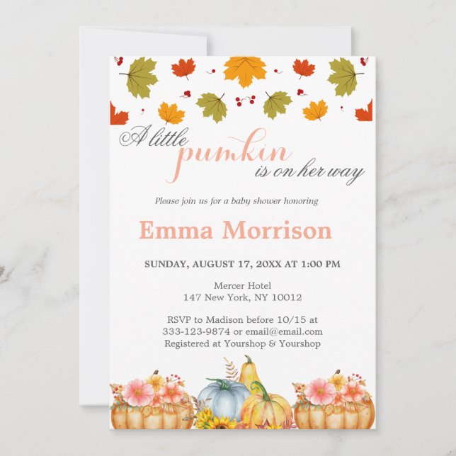 Invitación Cuidada pequeña calabaza caída Baby Shower (Anverso)
