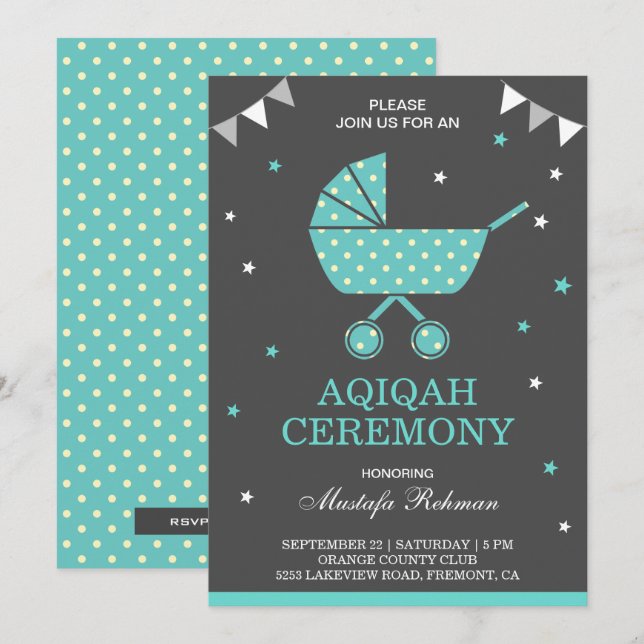 Invitación Cuidada Pram Verde azulado Baby Boy Aqiqah (Anverso / Reverso)