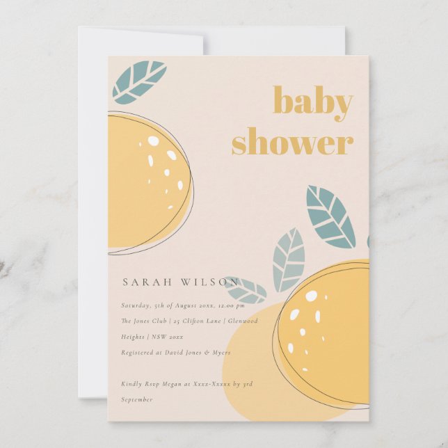 Invitación Cuidada Rubor Peach Lemon Fruity Bold Baby Shower (Anverso)