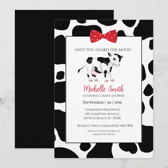 Invitación Cuidada vaca negra roja Imprimir vieira Baby Showe (Anverso / Reverso)
