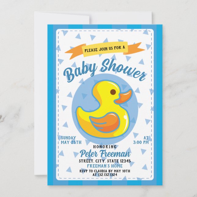Invitación Cuidado azul de goma Duck Toy Boy Baby Shower (Anverso)