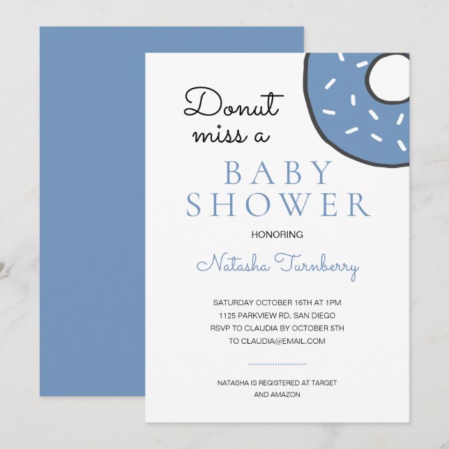 Invitación Cuidado Azul Donut Miss Un Baby Shower (Anverso / Reverso)