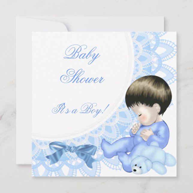 Invitación Cuidado Baby Shower Boy Baby Blue White (Anverso)
