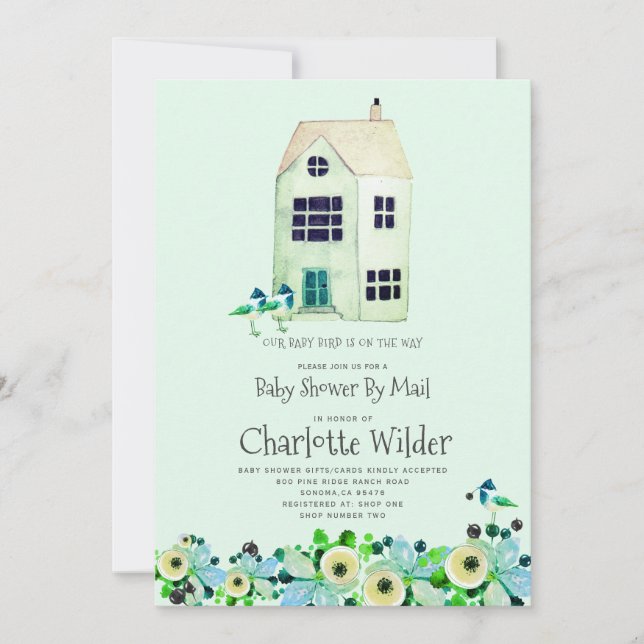 Invitación Cuidado Baby Shower Verde Por Correo (Anverso)