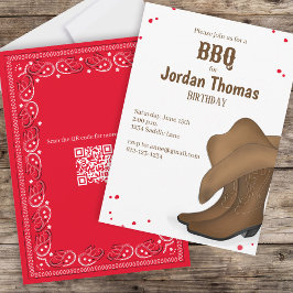 Invitación Cuidado BBQ Red Bandana Cowboy Fiesta QR Código