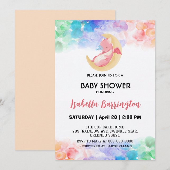 Invitación Cuidado bebé dragón dinosaurio acuarela ducha bebé (Anverso / Reverso)