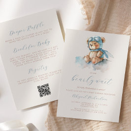 Invitación Cuidado Blue Teddy Bear QR Code Boy Baby Shower
