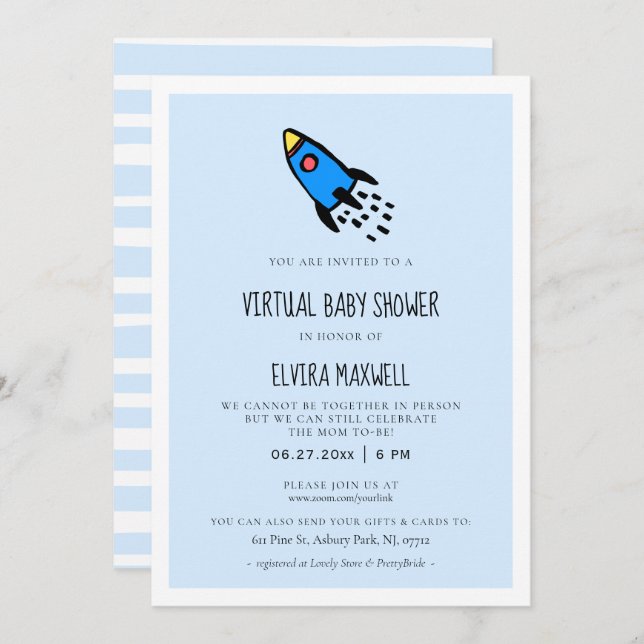 Invitación Cuidado cohete azul Niño ducha virtual bebé (Anverso / Reverso)