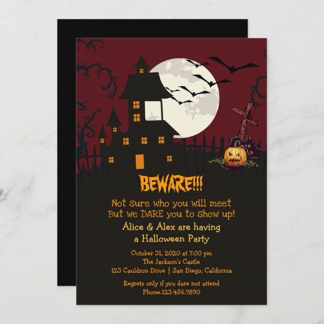 Invitación Cuidado con la Haunted House Halloween Party (Anverso / Reverso)