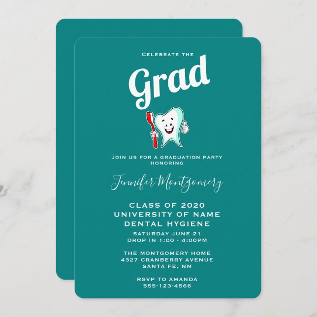 Invitación Cuidado dental Feliz Diente con Graduación de cepi (Anverso / Reverso)