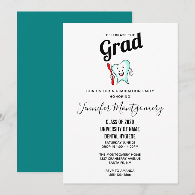 Invitación Cuidado dental Feliz Diente con Graduación de cepi (Anverso / Reverso)