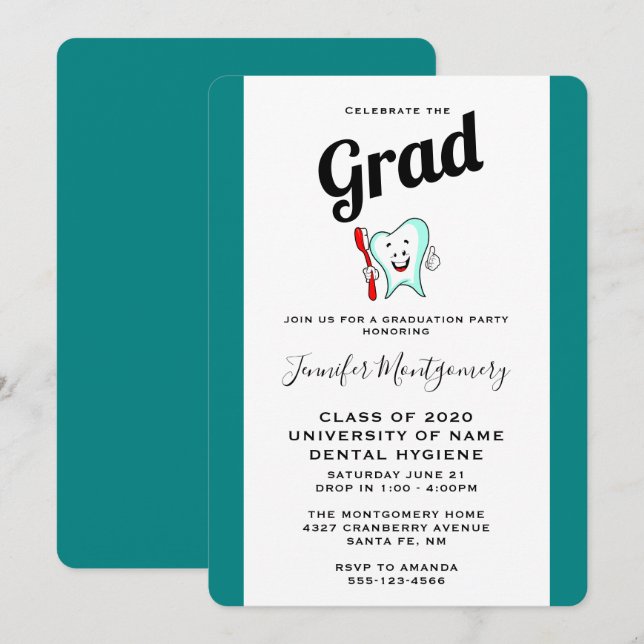Invitación Cuidado dental Feliz Diente con Graduación de cepi (Anverso / Reverso)