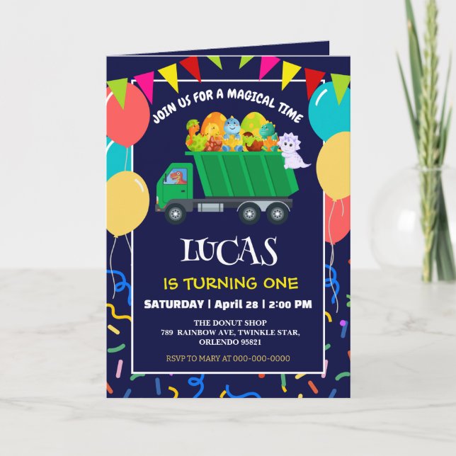 Invitación Cuidado Dinosaurio Camión de basura verde niño de  (Anverso)