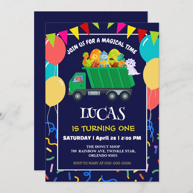 Invitación Cuidado Dinosaurio Camión de basura verde niño de  (Anverso / Reverso)