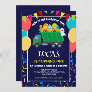 Invitación Cuidado Dinosaurio Camión de basura verde niño de