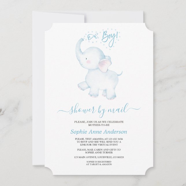 Invitación Cuidado Elefante Azul Baby Shower Por Correo (Anverso)