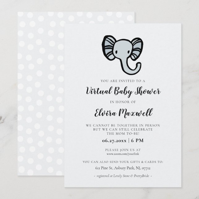 Invitación Cuidado elefante azul ducha virtual bebé (Anverso / Reverso)