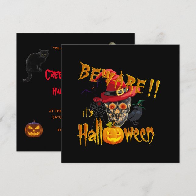 Invitación Cuidado es Halloween Fiesta de Terror y Espanto (Anverso / Reverso)