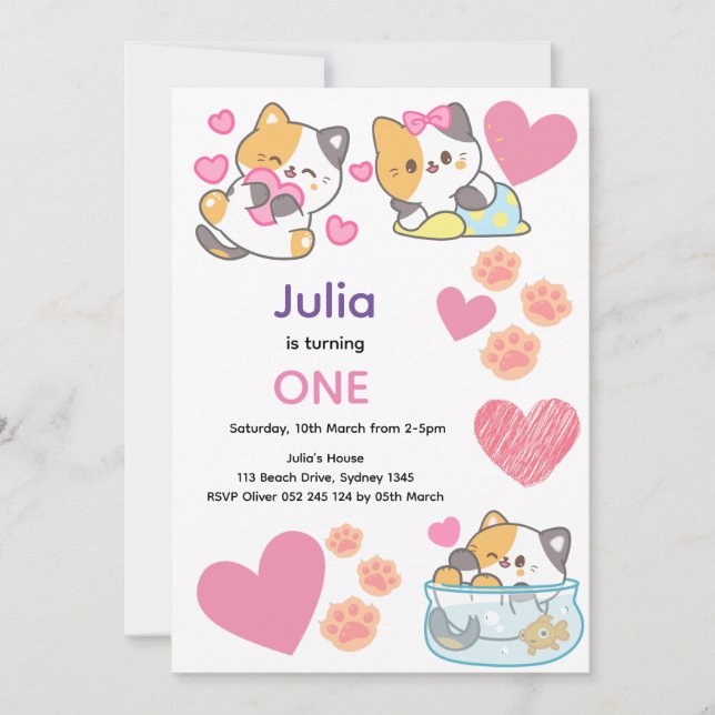 Invitación Cuidado gatito con corazones bebé cumpleaños (Anverso)